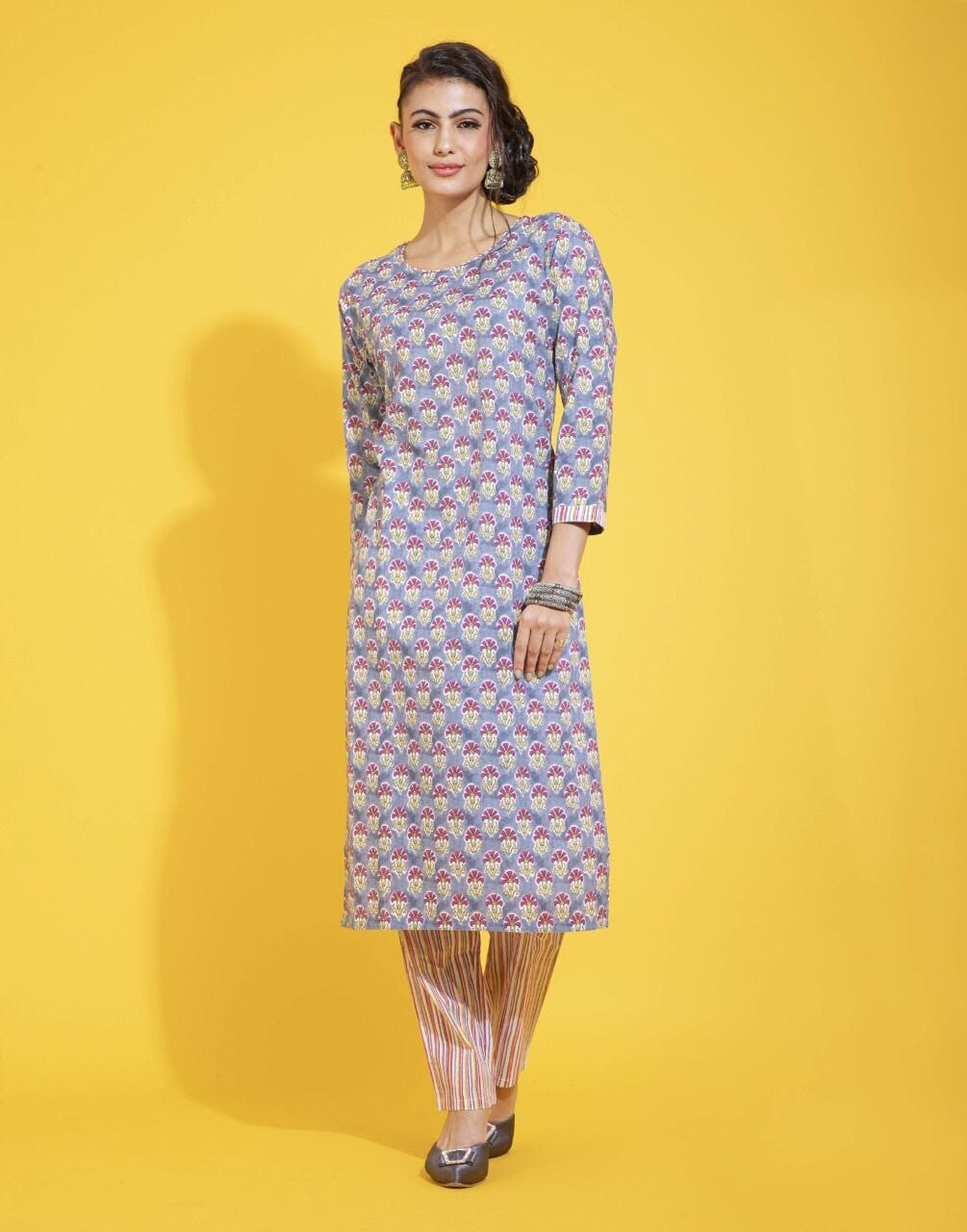 Grey Pure Cotton Printed Kurti with Pant Set Kurti with Pant shopindi.sg 