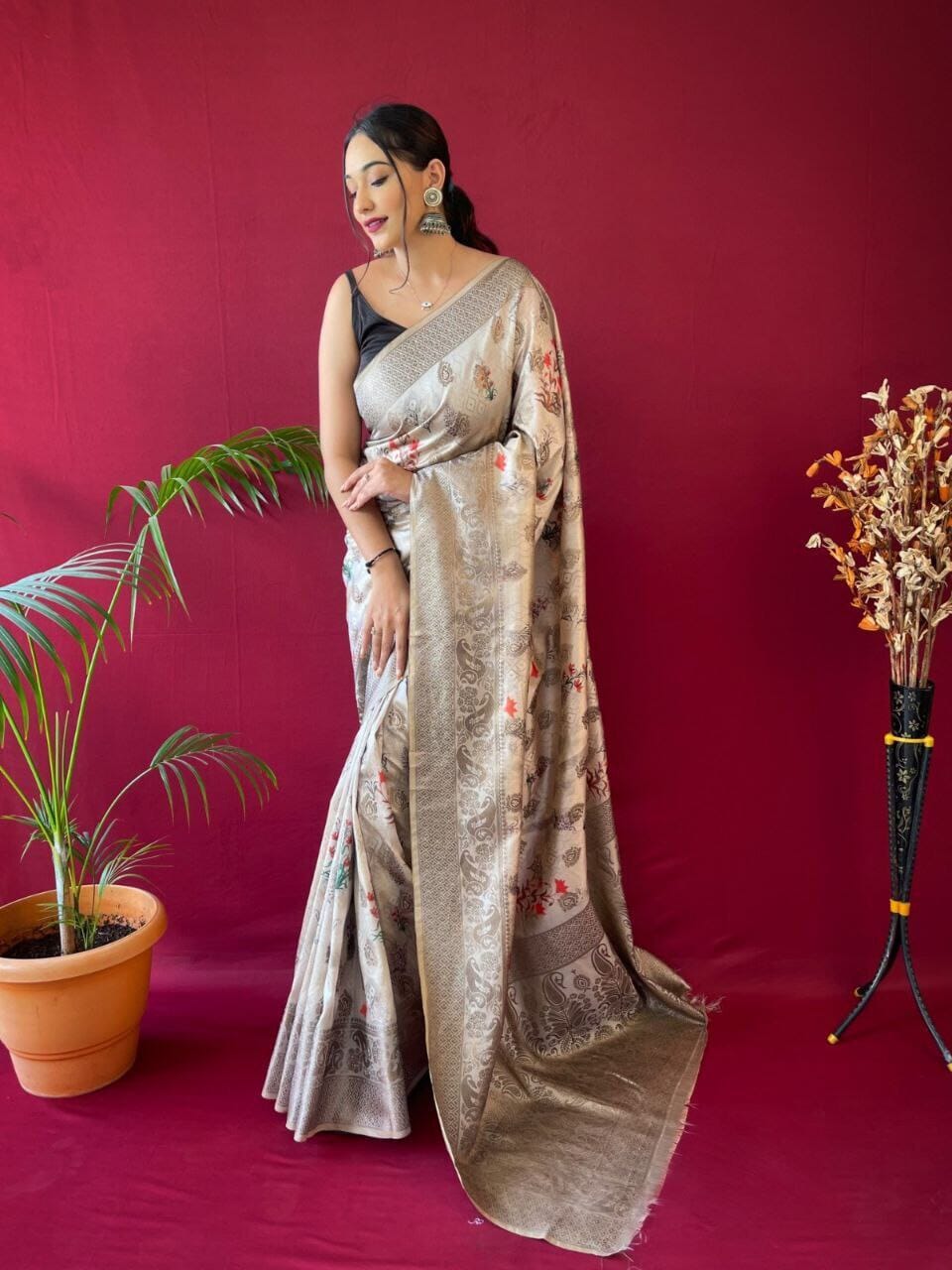 Grey Pure Soft Silk Saree with Motifs and Weaved border Shopin Di Apparels 