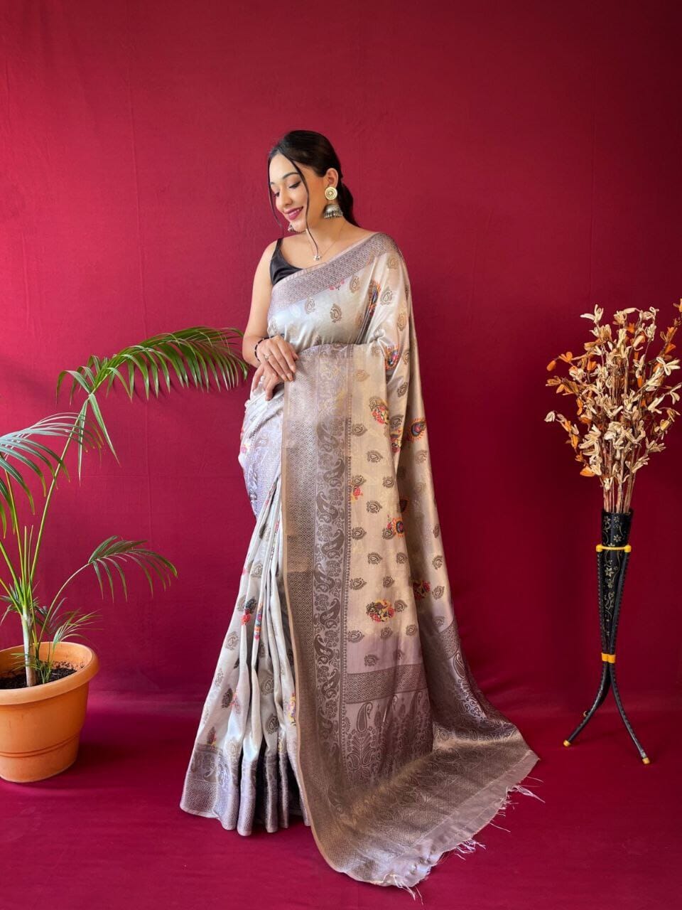 Grey Pure Soft Silk Saree with Motifs and Weaved border Shopin Di Apparels 