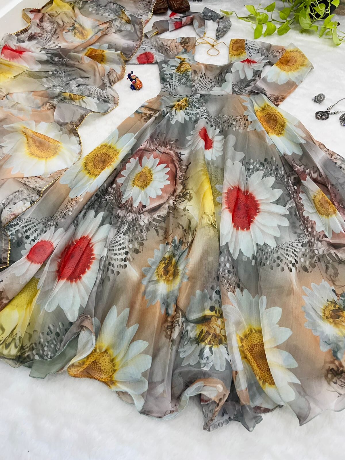 Grey Sunflower Georgette Gown with Floral Digital Printed Dupatta Gown with Dupatta Shopindiapparels.com 