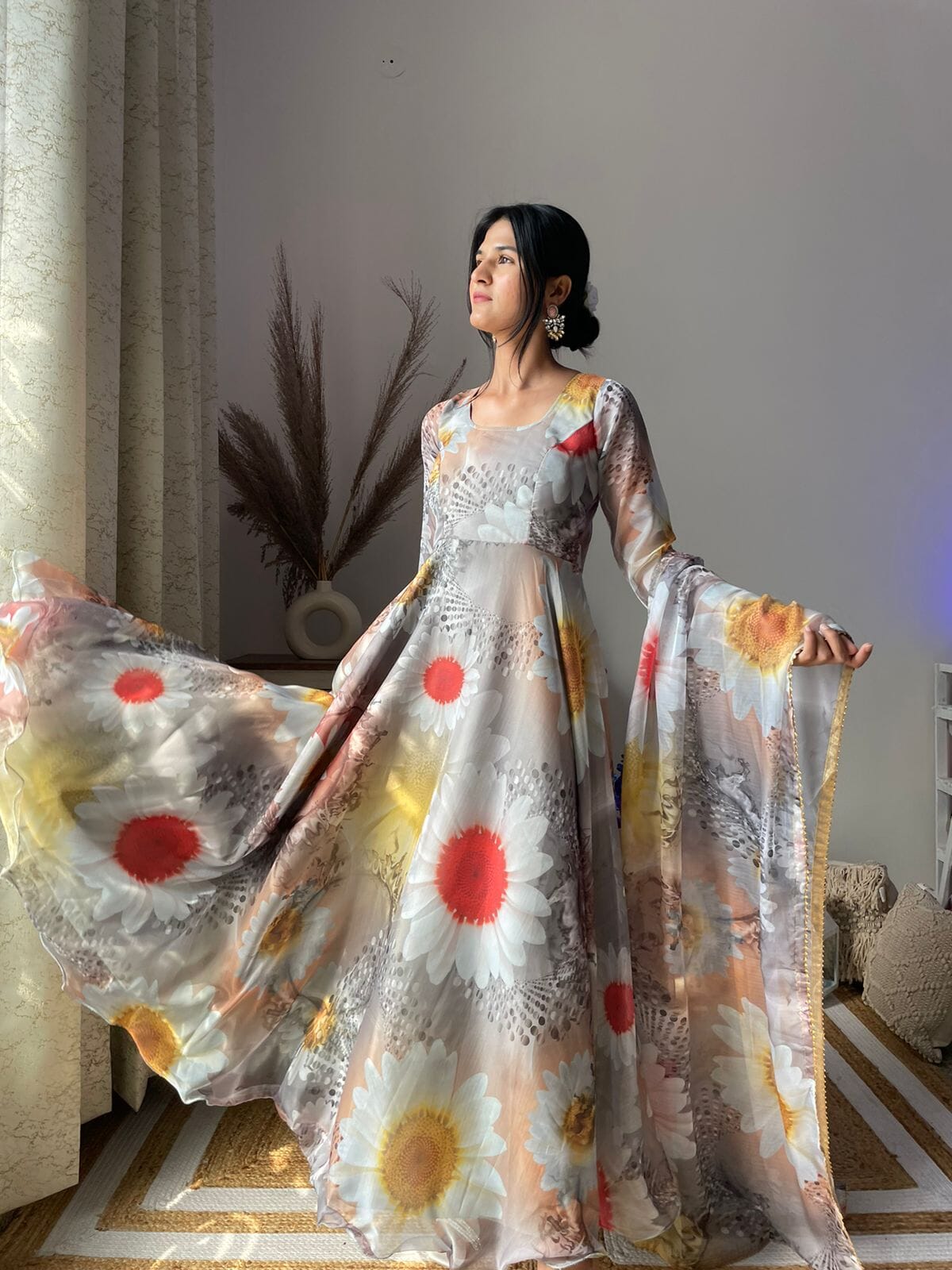 Grey Sunflower Georgette Gown with Floral Digital Printed Dupatta Gown with Dupatta Shopindiapparels.com 