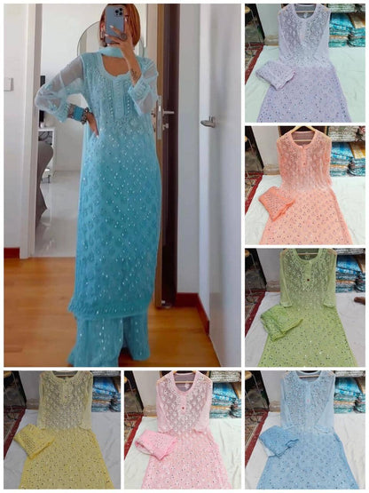 Heavy Cotton Thread Embroidery Suit with Real Mirror Work in 6 colors Shopin Di Apparels 