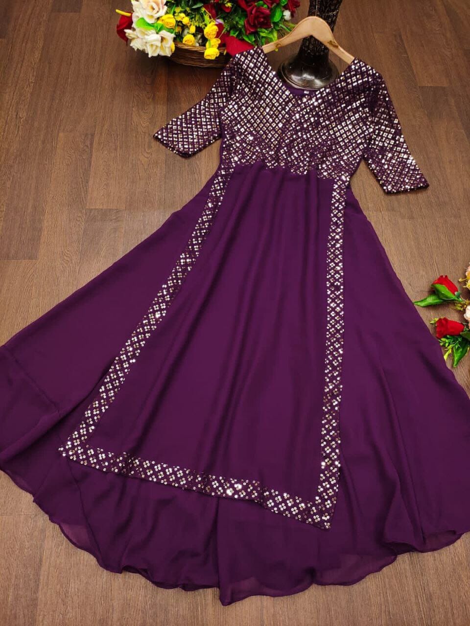 Heavy Faux Georgette Anarkali Gown with Sequence work gown shopindi.sg 