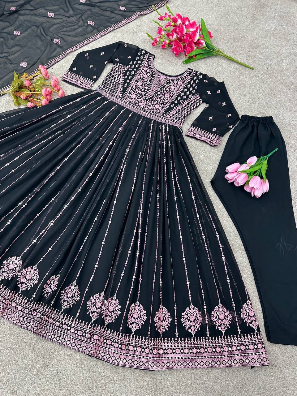 Heavy Faux Georgette Anarkali Suit With Embroidery Sequence 5mm Sequence Work With Full Sleeves designer suits Shopin Di Apparels 