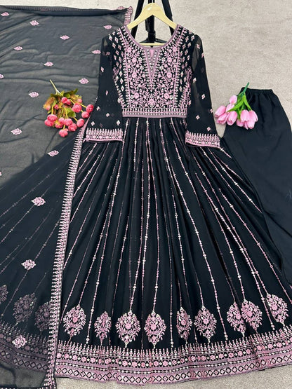 Heavy Faux Georgette Anarkali Suit With Embroidery Sequence 5mm Sequence Work With Full Sleeves designer suits Shopin Di Apparels 