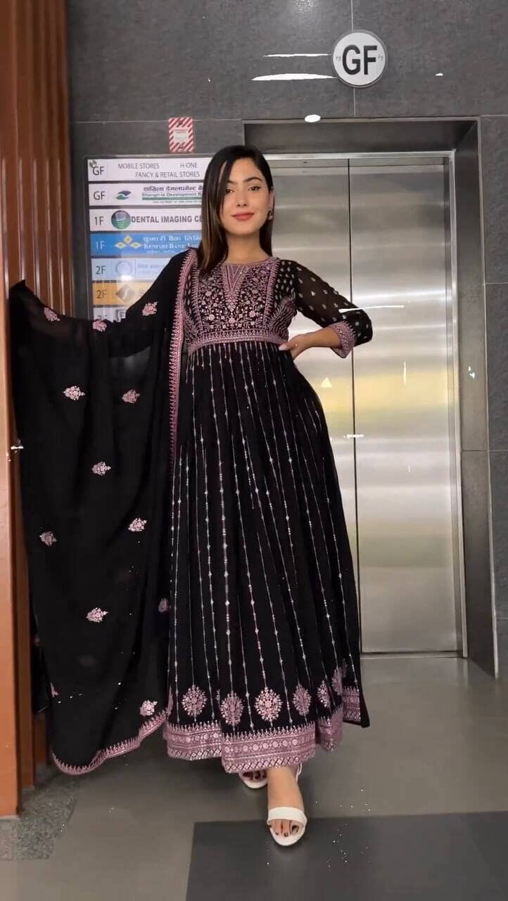 Heavy Faux Georgette Anarkali Suit With Embroidery Sequence 5mm Sequence Work With Full Sleeves designer suits Shopin Di Apparels 