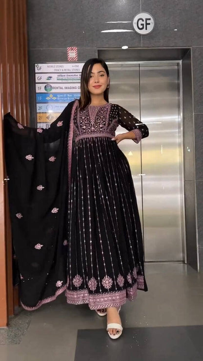 Heavy Faux Georgette Anarkali Suit With Embroidery Sequence 5mm Sequence Work With Full Sleeves designer suits Shopin Di Apparels 