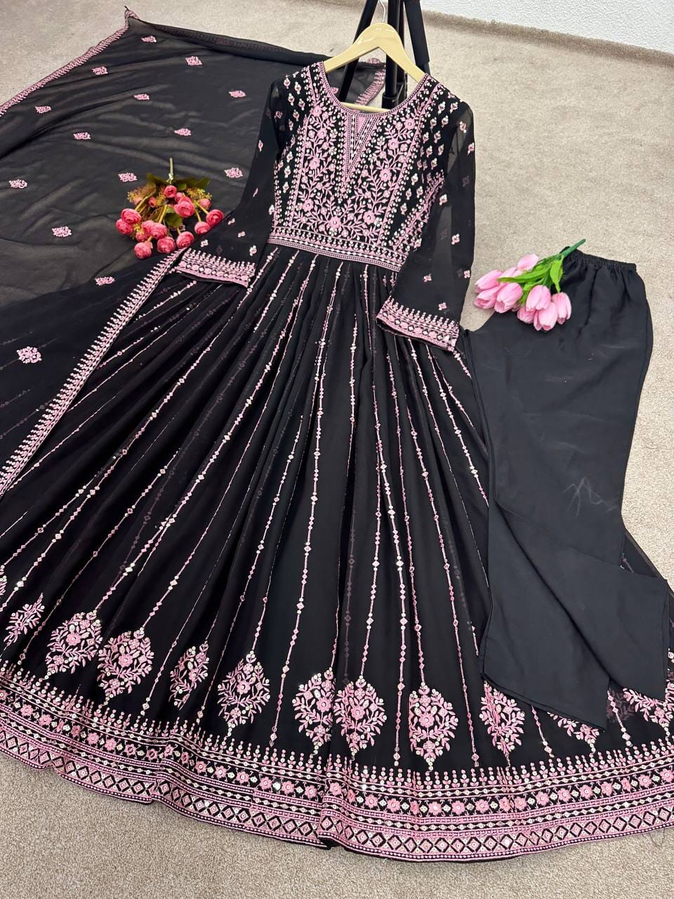 Heavy Faux Georgette Anarkali Suit With Embroidery Sequence 5mm Sequence Work With Full Sleeves designer suits Shopin Di Apparels 