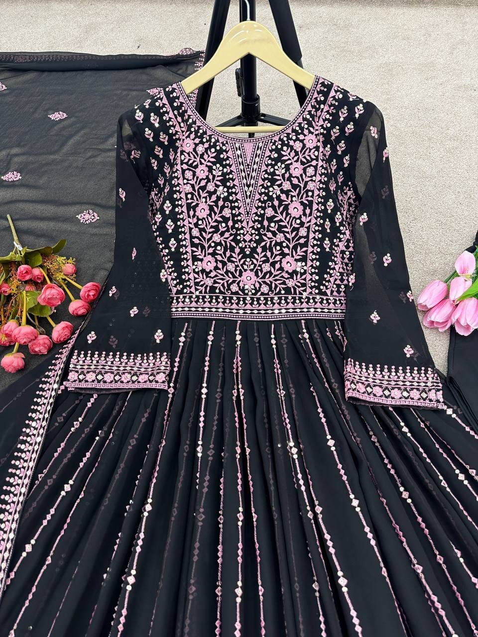 Heavy Faux Georgette Anarkali Suit With Embroidery Sequence 5mm Sequence Work With Full Sleeves designer suits Shopin Di Apparels 