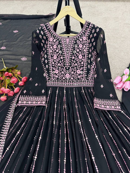 Heavy Faux Georgette Anarkali Suit With Embroidery Sequence 5mm Sequence Work With Full Sleeves designer suits Shopin Di Apparels 