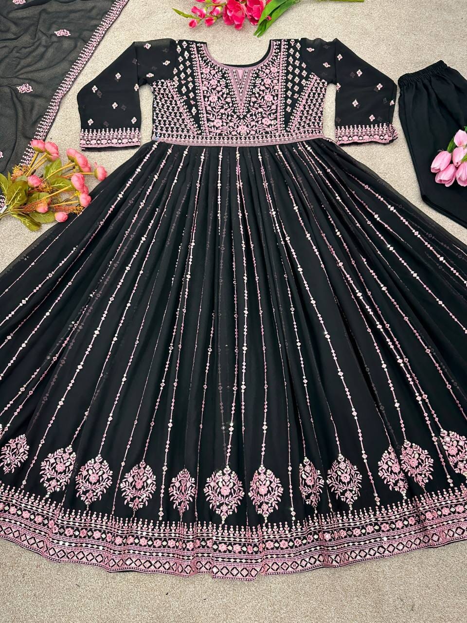 Heavy Faux Georgette Anarkali Suit With Embroidery Sequence 5mm Sequence Work With Full Sleeves designer suits Shopin Di Apparels 