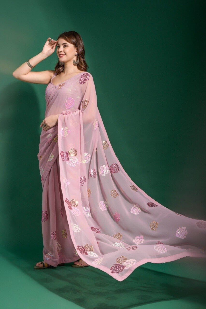 Heavy Georgette Fancy Pink Sequence Saree with Blouse shopindi.sg 