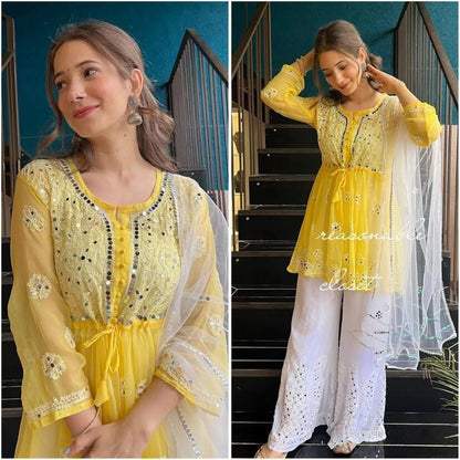 Heavy Georgette Party Wear Real Mirror Work Plazzo Suit in 5 colors Designer Suits Shopin Di Apparels Yellow 