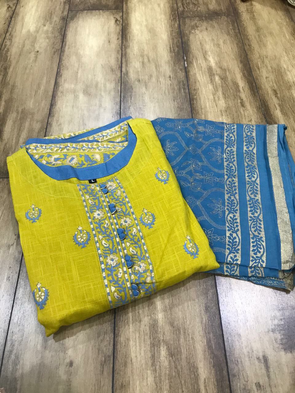 Heavy Rayon Block Printed Yellow Anarkali with Blue Dupatta Kurti with Dupatta Shopindiapparels.com 