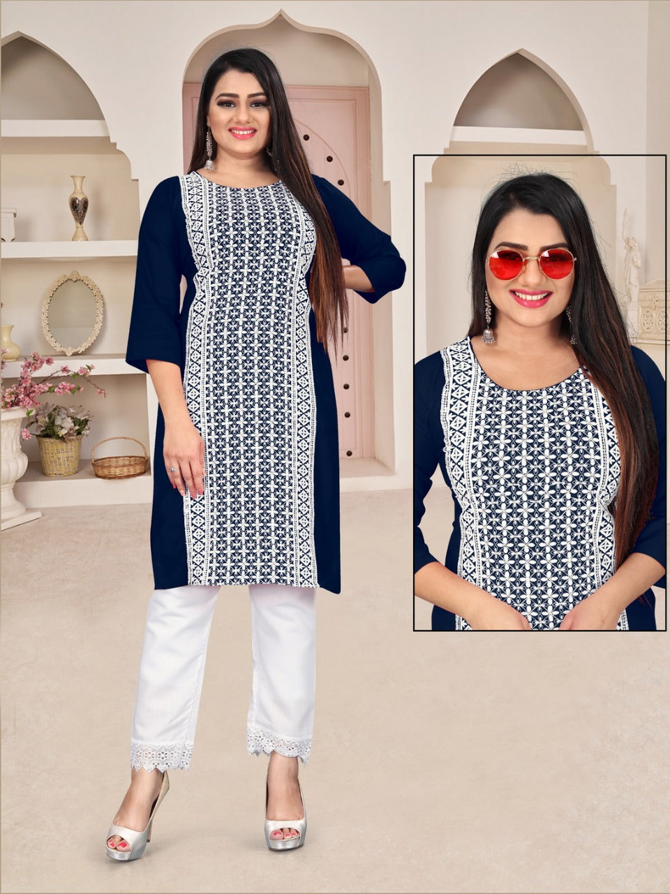 Heavy Rayon Kurti and Pant Set with Sequence Embroidery Kurti with Pant Shopindiapparels.com 