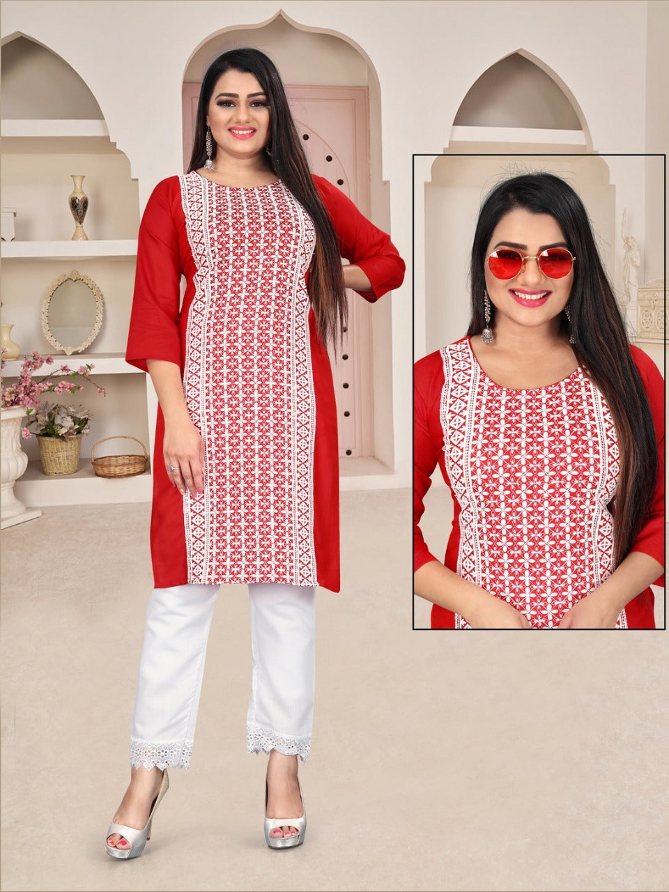 Heavy Rayon Kurti and Pant Set with Sequence Embroidery Kurti with Pant Shopindiapparels.com 