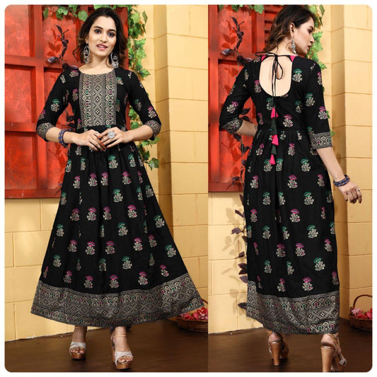 Heavy Rayon Multicolor Printed Anarkali Flair gown in 6 colors Gown Shopindiapparels.com 