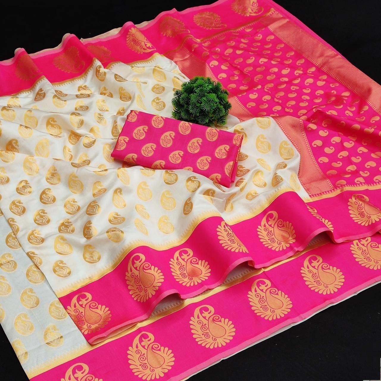Hot Pink and White Soft Kanchipuram Silk Saree Shopindiapparels.com 