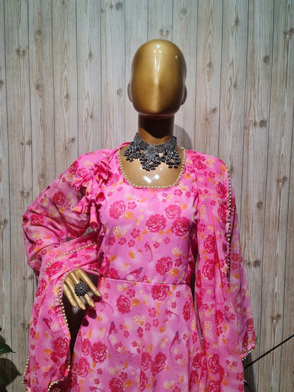 Hot Pink Georgette Gown with Floral Digital Printed Dupatta in all sizes up to 7XL Gown with Dupatta Shopindiapparels.com 
