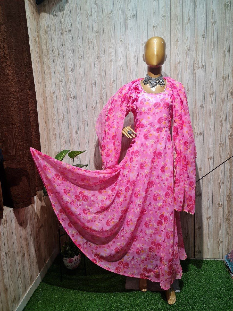 Hot Pink Georgette Gown with Floral Digital Printed Dupatta in all sizes up to 7XL Gown with Dupatta Shopindiapparels.com 