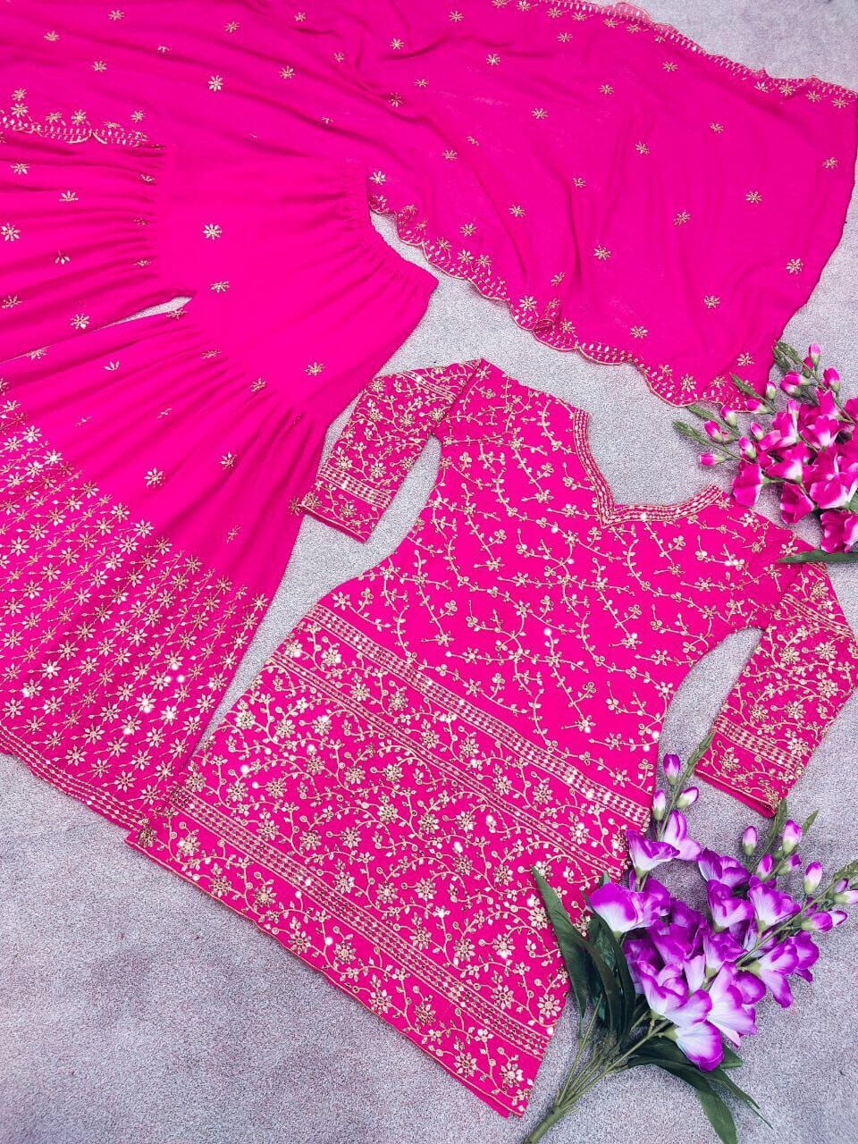 Hot Pink Heavy Faux Georgette Fancy Wear Sharara Suit Designer Suits Shopindiapparels.com 