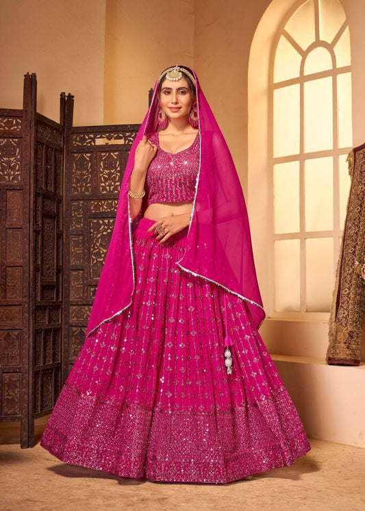 Hot Pink Pure Georgette with Heavy Embroidery work 3pc Lehenga 3pc lehenga Shopin Di Apparels 