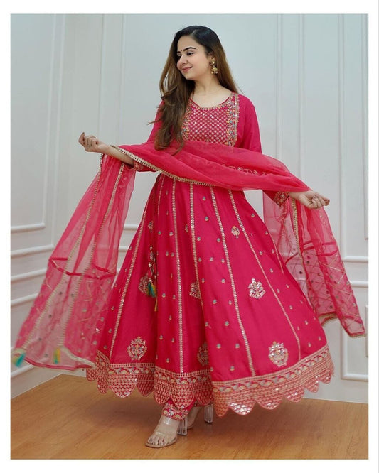 Hot Pink Sequence Work Gown with Dupatta and Plazzo Gown with Dupatta Shopin Di Apparels 