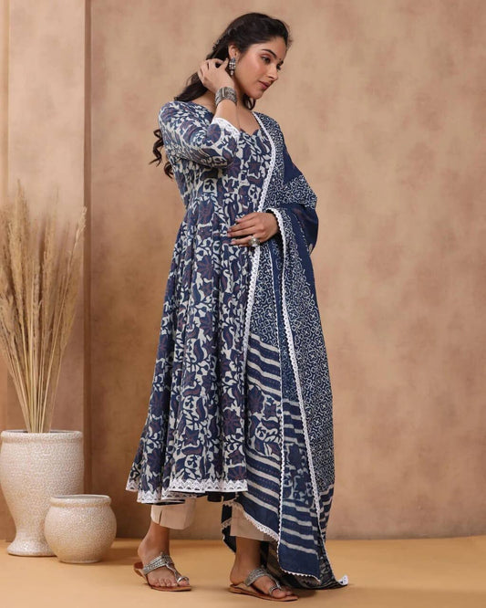 Indigo Printed Anarkali Kurti with Pant and Dupatta Kurti with Bottom and Dupatta shopindi.sg 