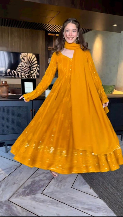 KD 1213 Mustard Sequence work Designer Anarkali Suit Designer Suits shopindi.sg 