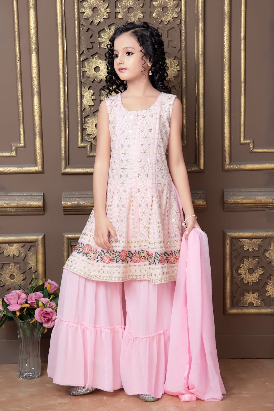 Kid's White Thread Sequence Work Georgette Sharara Suit Shopindiapparels.com 
