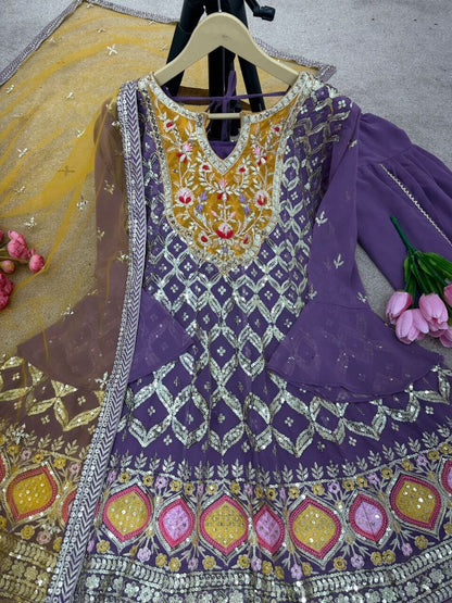 Lavender Purple Designer Party Wear Look Top ,Dhoti Salwar and Dupatta designer suits Shopin Di Apparels 