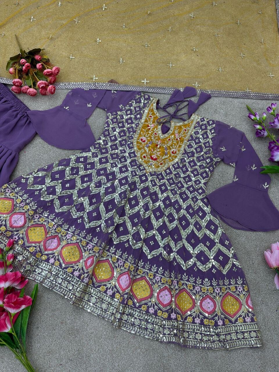 Lavender Purple Designer Party Wear Look Top ,Dhoti Salwar and Dupatta designer suits Shopin Di Apparels 