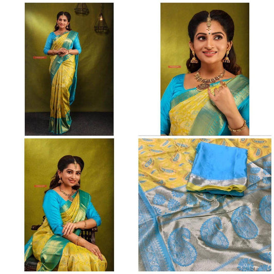 Light Blue and Yellow Banarasi Lichi Silk Saree Shopindiapparels.com 