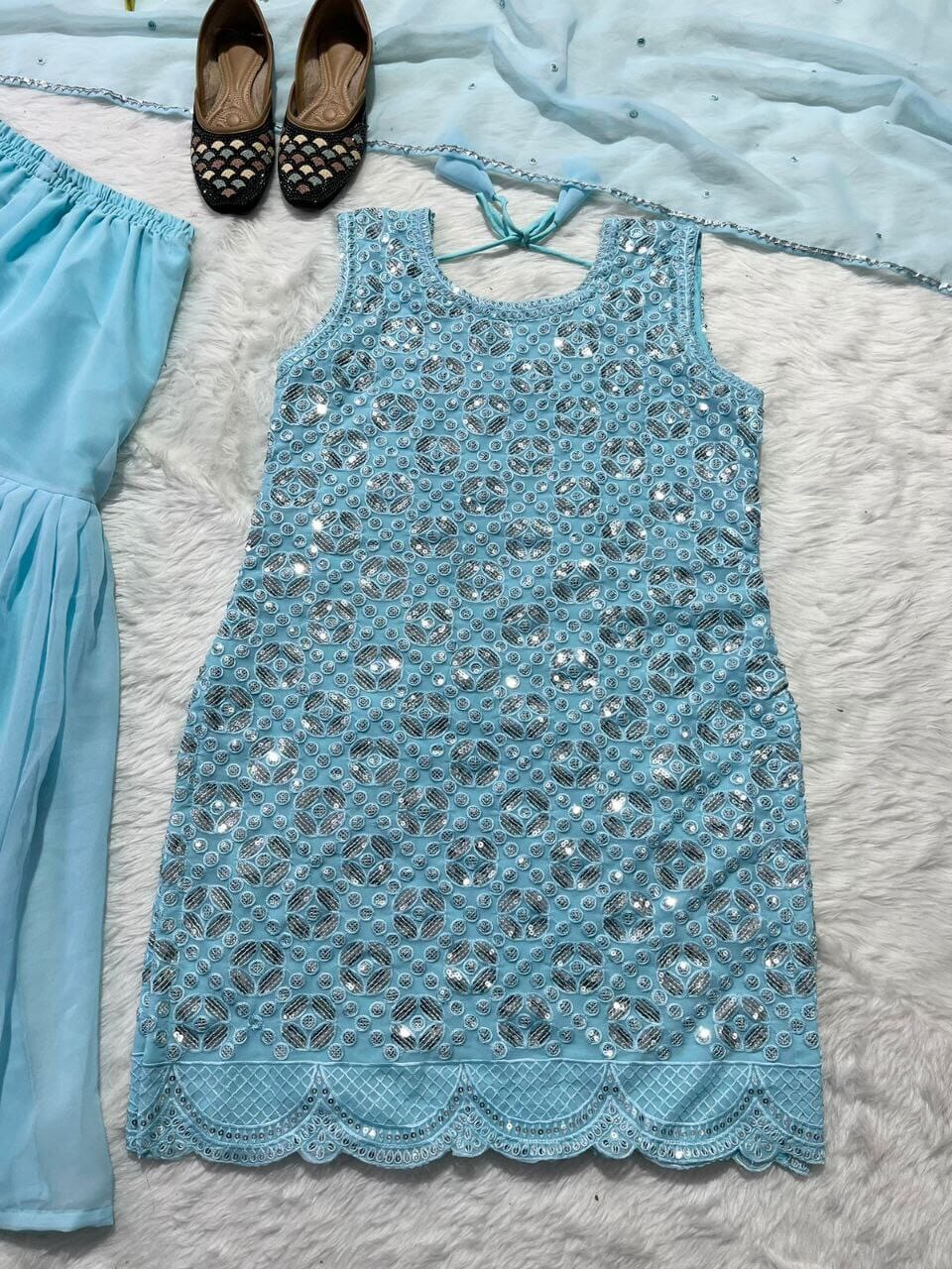 Light Blue Fox Georgette Fancy Wear Designer Sharara Suit designer suits shopindi.sg 
