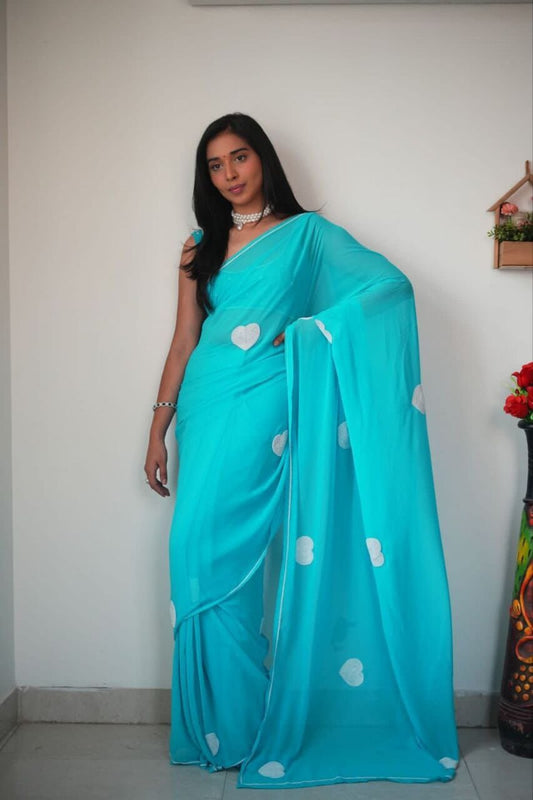 Light Blue Georgette saree with Heart Shape Gamthi work Ready to Wear Saree Shopin Di Apparels 