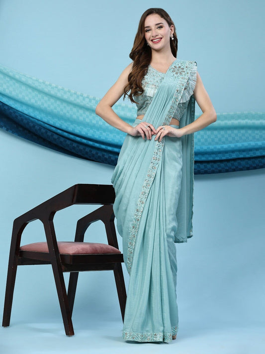 Light Blue Satin Silk Ready to Wear Designer Saree with Frill and Sequence work Blouse Ready to Wear Saree Shopin Di Apparels 