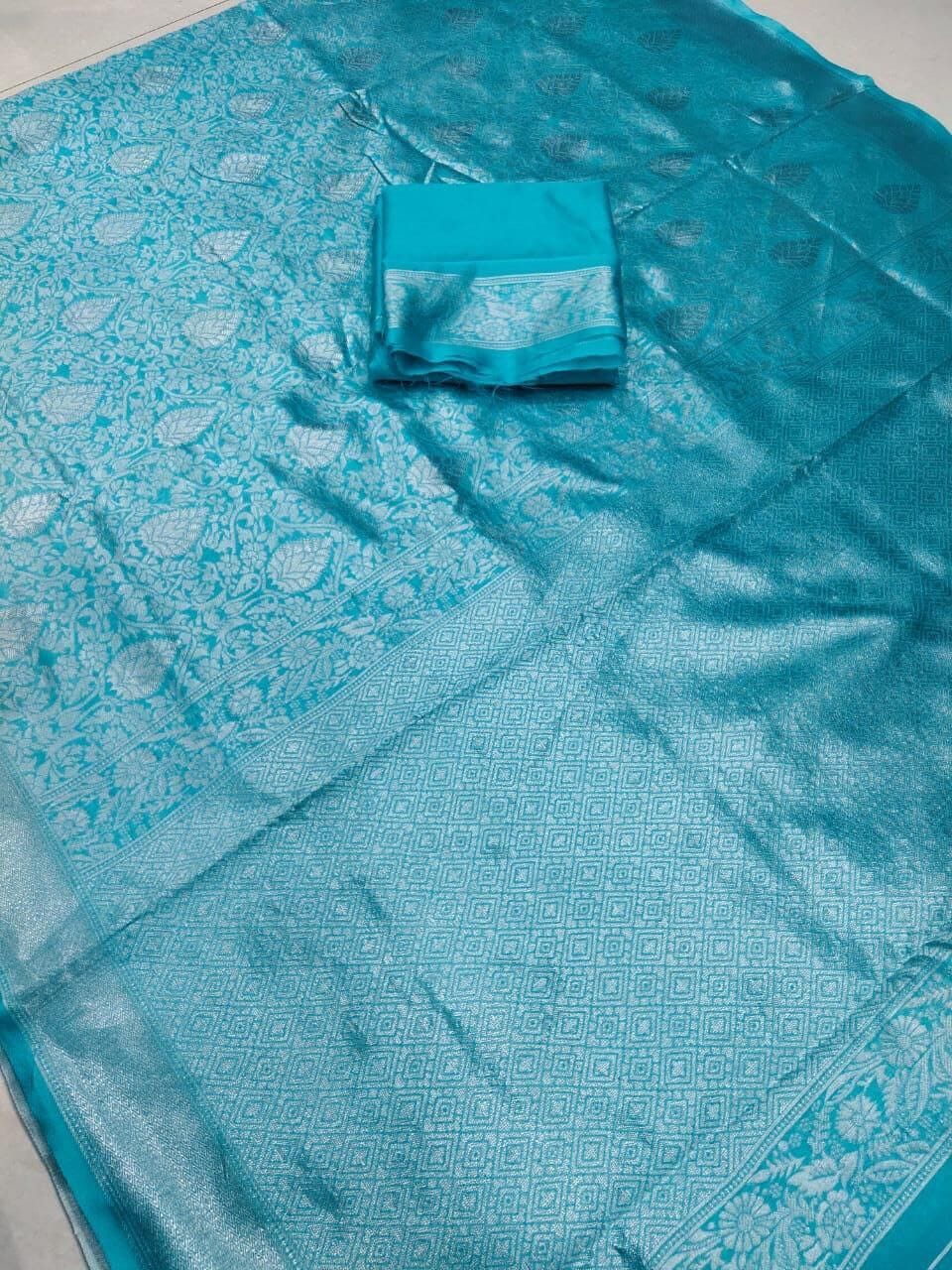 Light Blue Soft Banarasi Lichi Silk Saree shopindi.sg 
