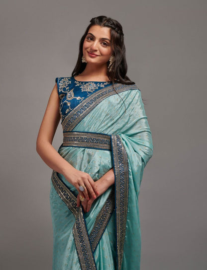 Light Blue Zari Work Chinon Designer Saree Designer Saree Shopin Di Apparels 