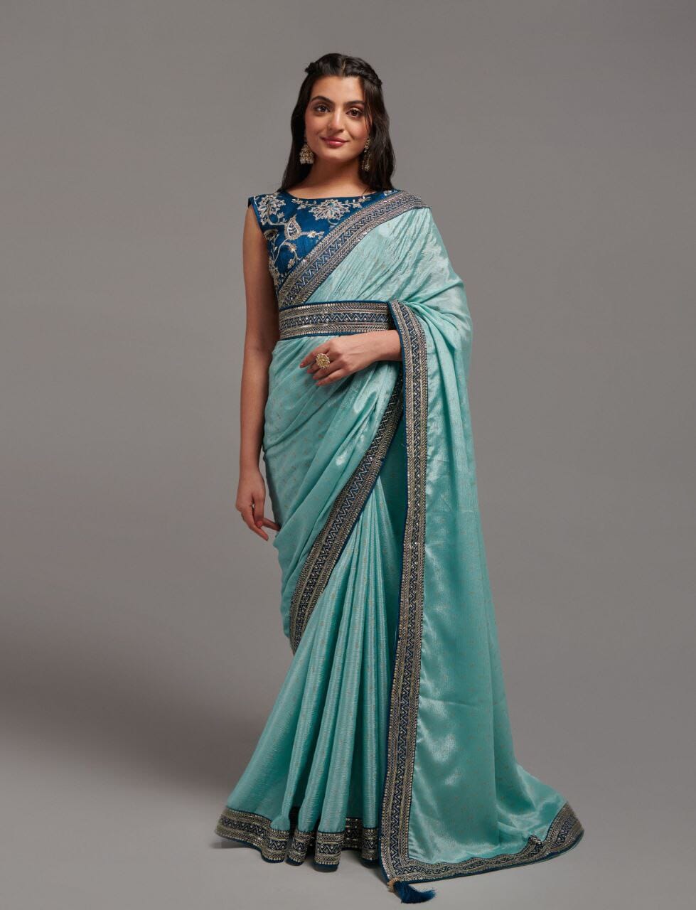 Light Blue Zari Work Chinon Designer Saree Designer Saree Shopin Di Apparels 