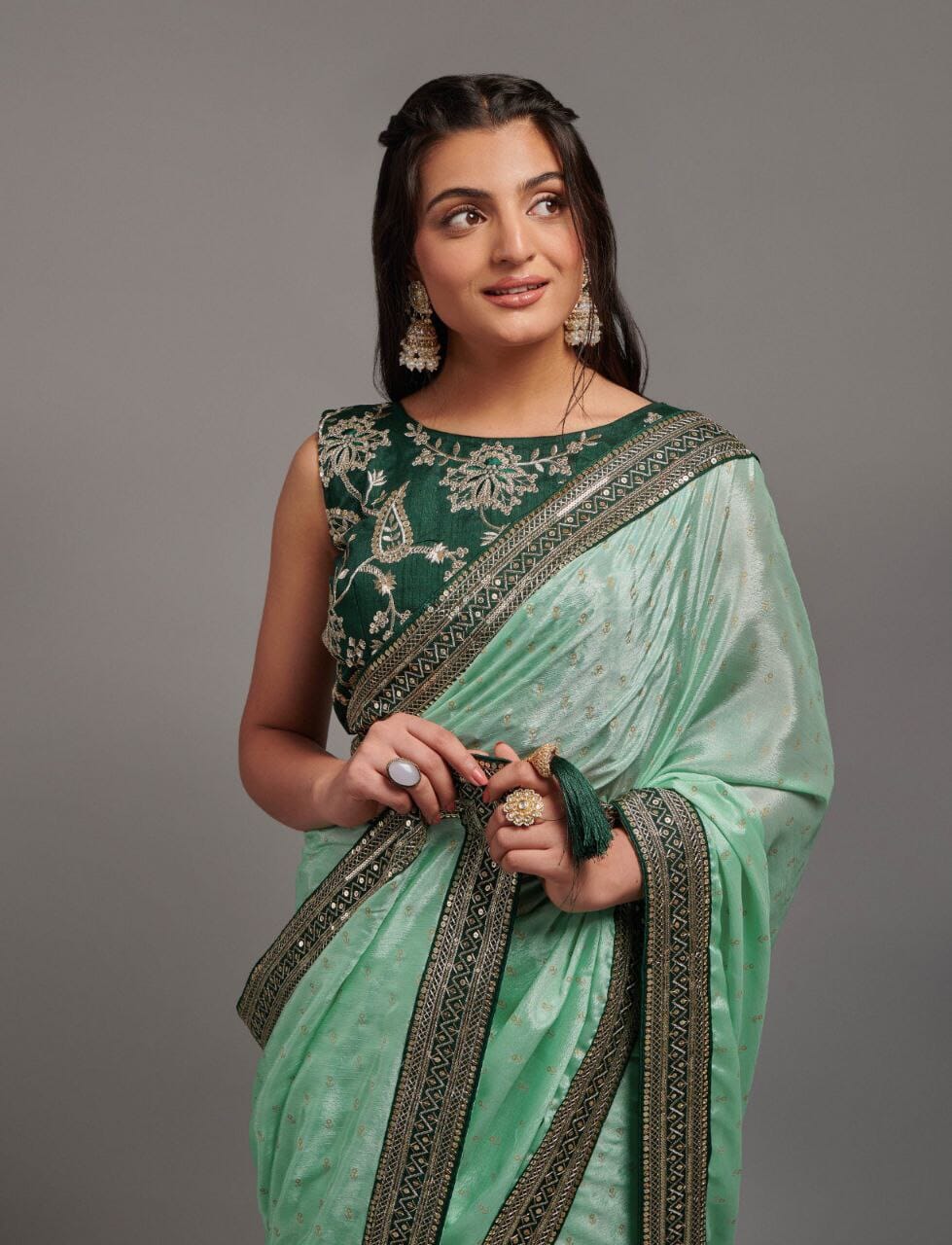 Light Green Zari Work Chinon Designer Saree Designer Saree Shopin Di Apparels 