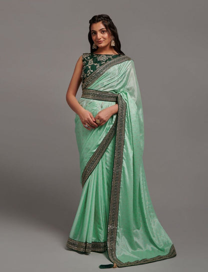 Light Green Zari Work Chinon Designer Saree Designer Saree Shopin Di Apparels 