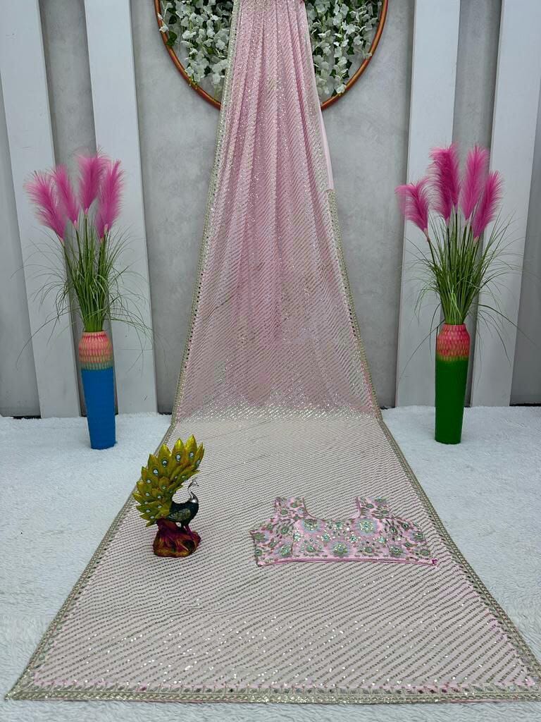 Light Pink Faux Georgette Sequence Real Mirror Work Saree with Blouse Designer Saree Shopin Di Apparels 