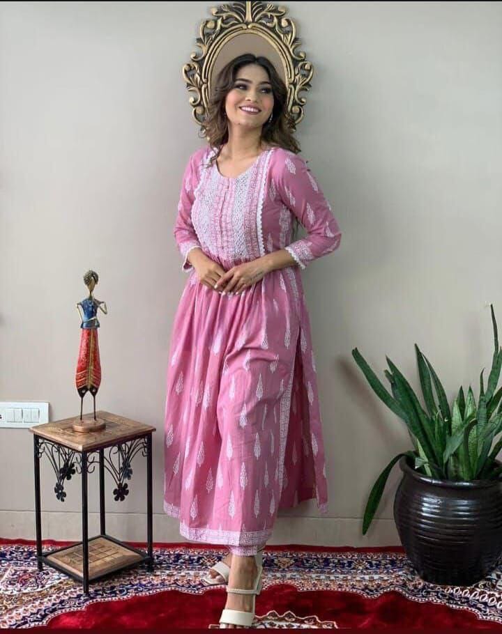 Light Pink Naira Cut Embroidered and Printed Rayon Kurti with Pant Set Kurti with Pant Shopin Di Apparels 