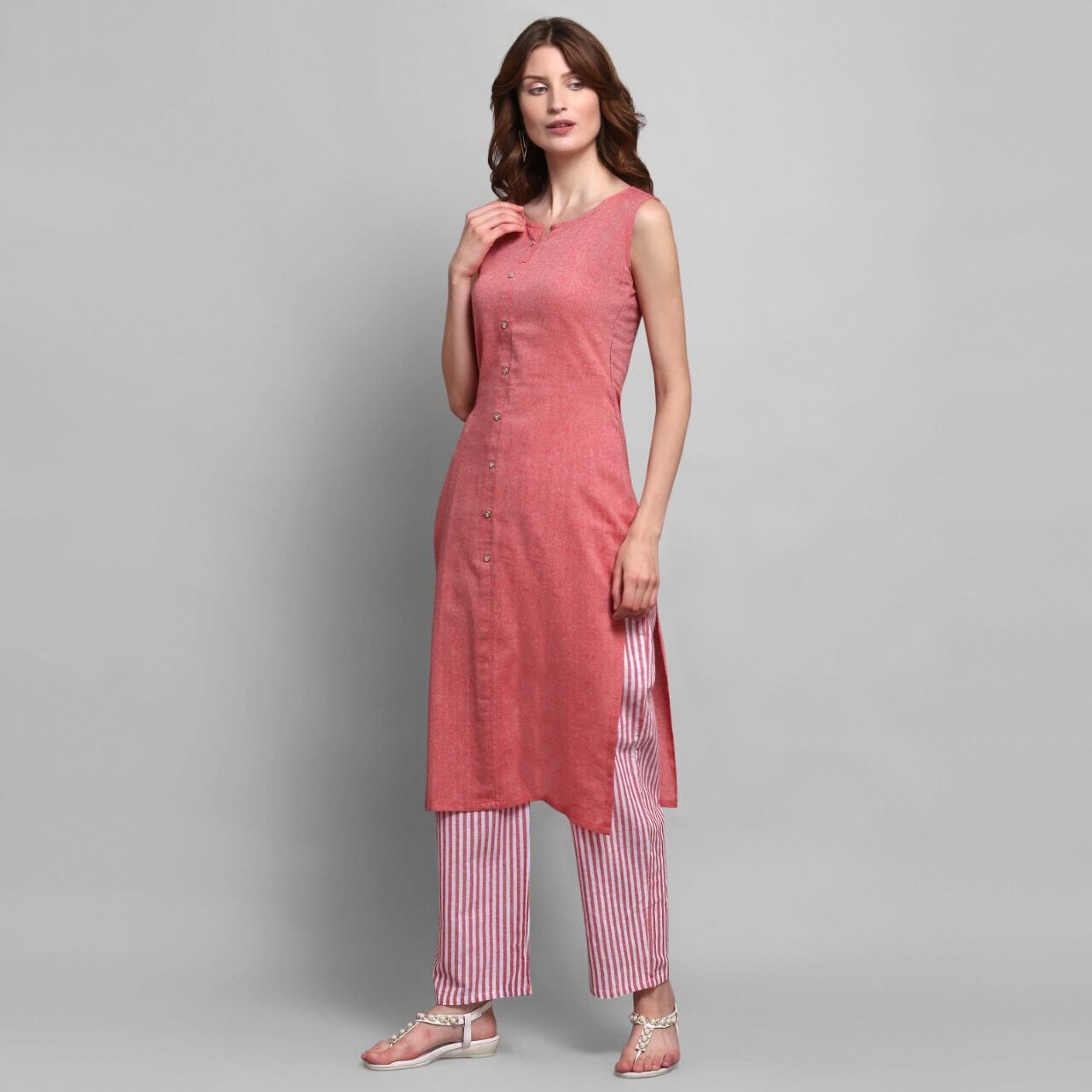 Light Red Pure Cotton Kurti with Matching Palazzo Set Kurti with Plazzo Shopin Di Apparels 