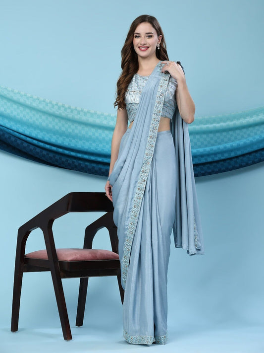 Light Teal Satin Silk Ready to Wear Designer Saree with Frill and Sequence work Blouse Ready to Wear Saree Shopin Di Apparels 