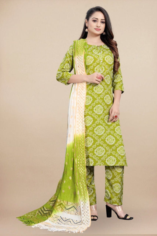 Lime Green Bandhani Printed Rayon Straight Cut Suit Designer Suits shopindi.sg 