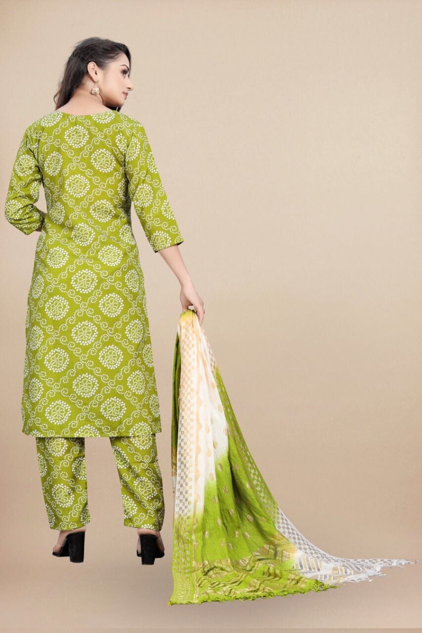 Lime Green Bandhani Printed Rayon Straight Cut Suit Designer Suits shopindi.sg 