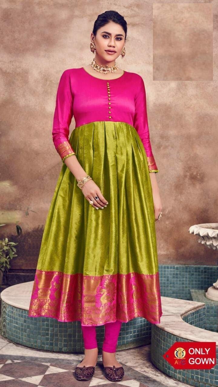 Lime Pink Designer Lichi Silk Jaquard Gown with creap inner Gowns Shopindiapparels.com 