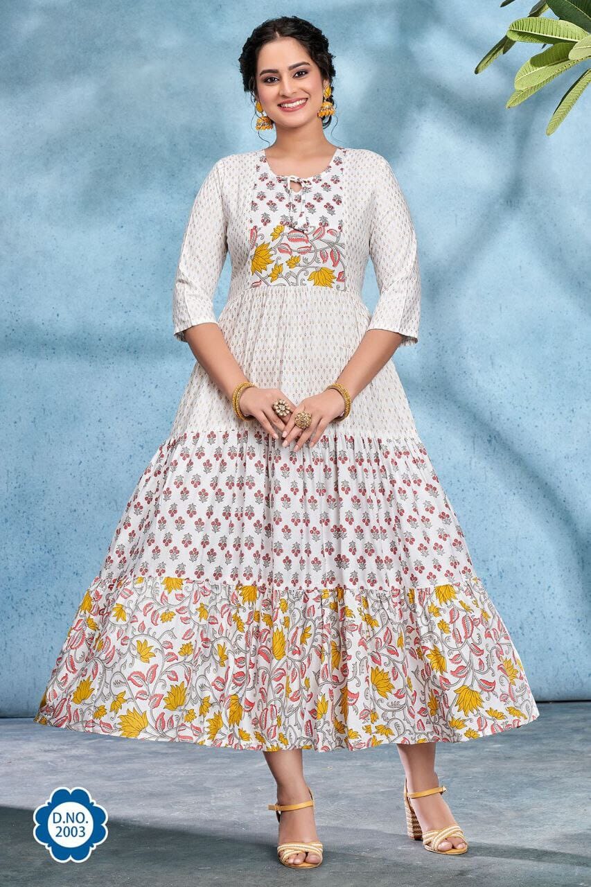 _Long Full Flair and Layer Printed Gown in 3 colors Kurti shopindi.sg 