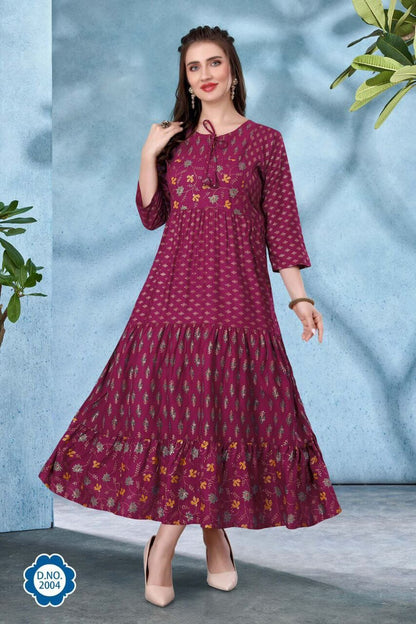_Long Full Flair and Layer Printed Gown in 3 colors Kurti shopindi.sg 